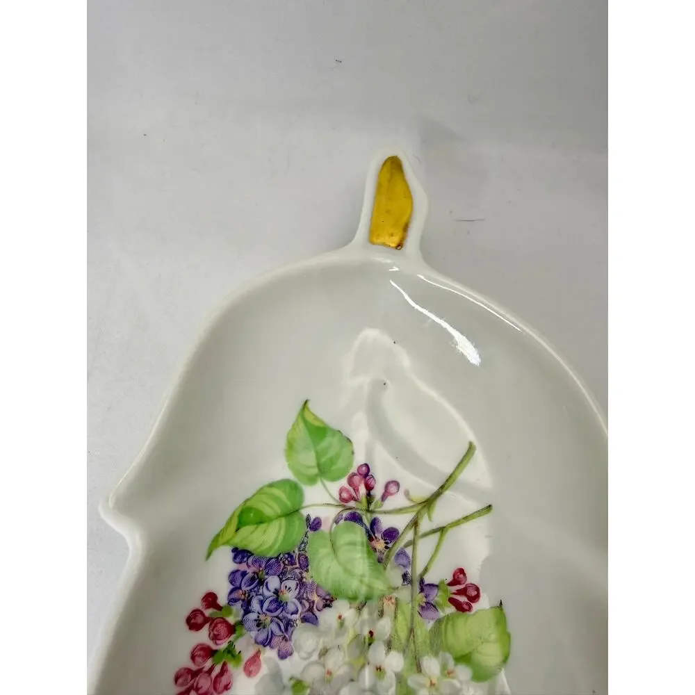 Vintage Old Nuremberg Bavaria Germany Porcelain Leaf Dish Floral Gold Accent